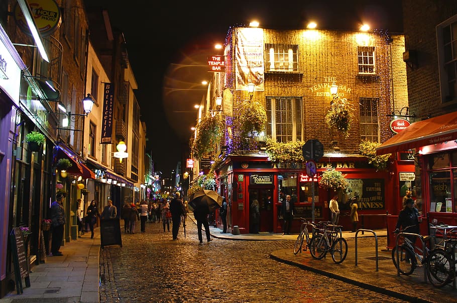 Temple Bar, Dublin, Ireland, group, people, street, buildings, turned-on, lights, architecture