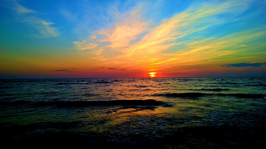 puesta de sol, horizonte, fotografía, naturaleza, agua, océano, mar, superficie, olas, salpicadura