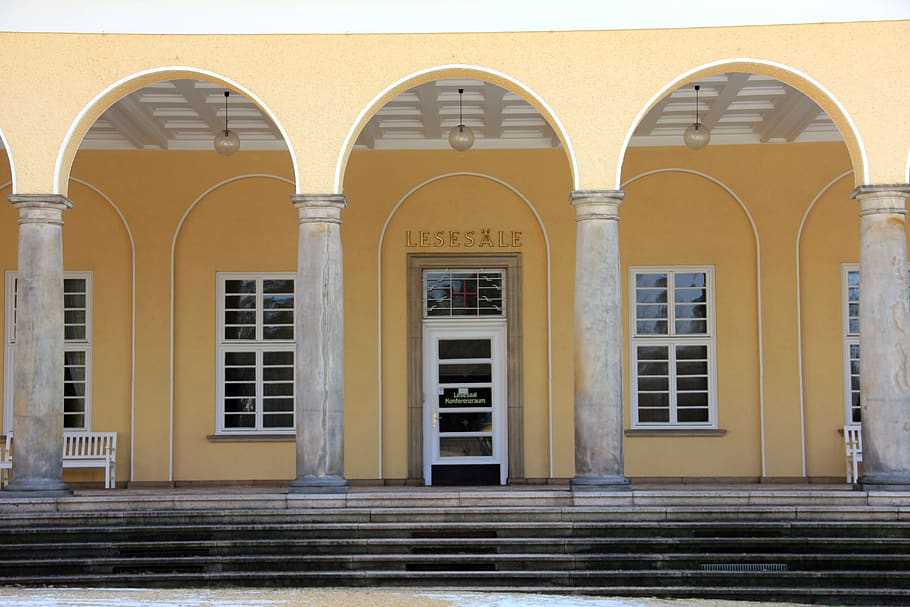 building, house, reading room, door, window, yellow, arch, stairs, bad pyrmont, architecture