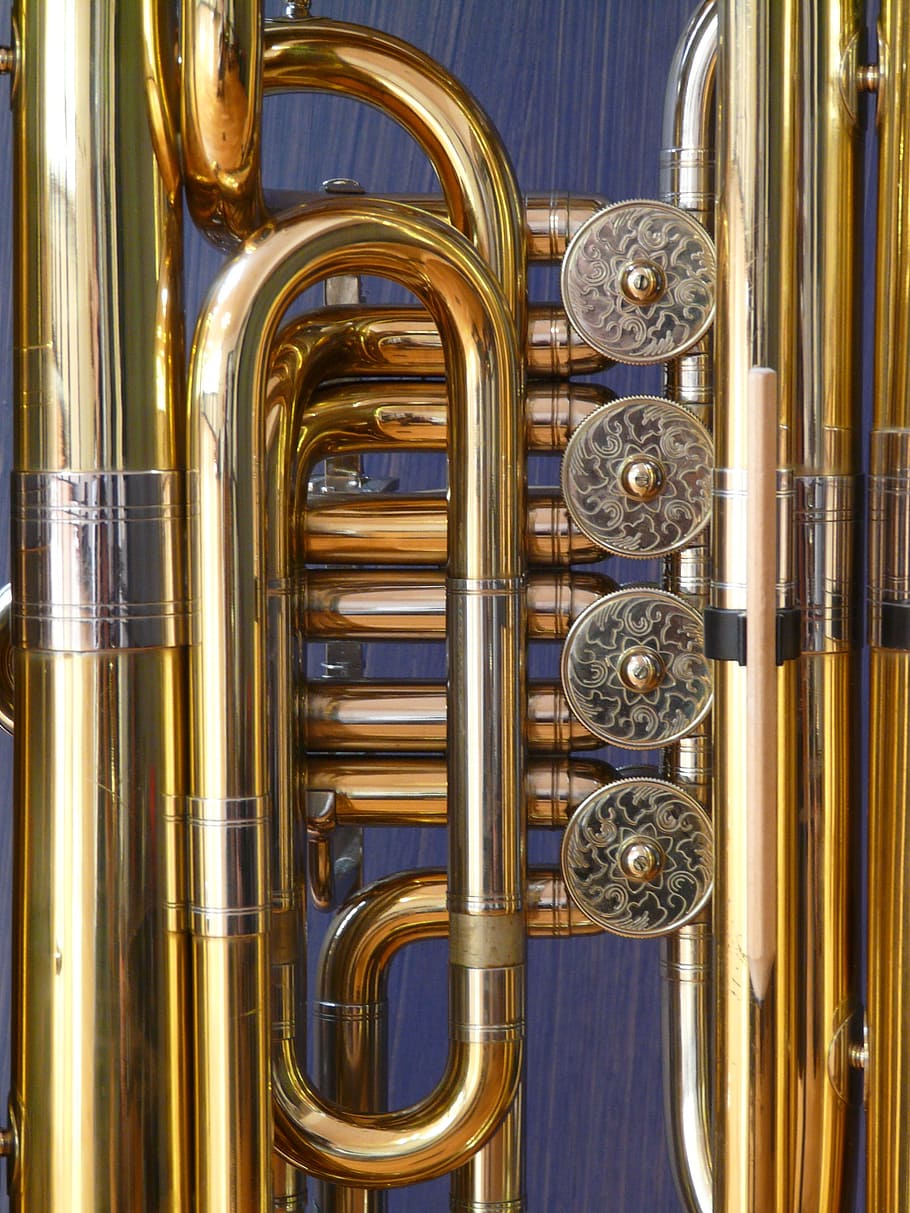 válvulas rotativas, tuba, válvulas, estímulo, instrumento de latón, instrumento, brillo, oro, jugar, soplar