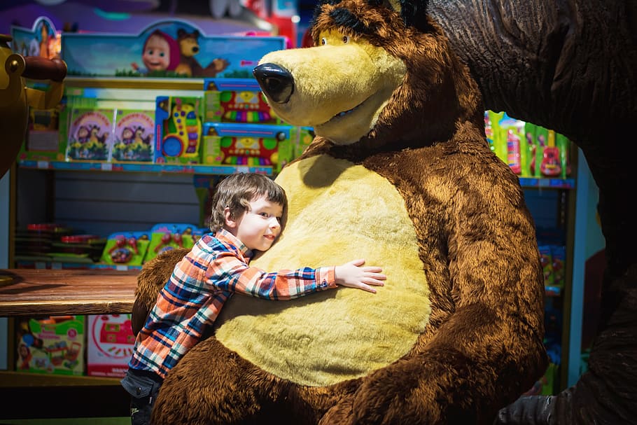 boy, hugging, teddy, bear, child, shop, shopping center, holiday, new year's eve, christmas