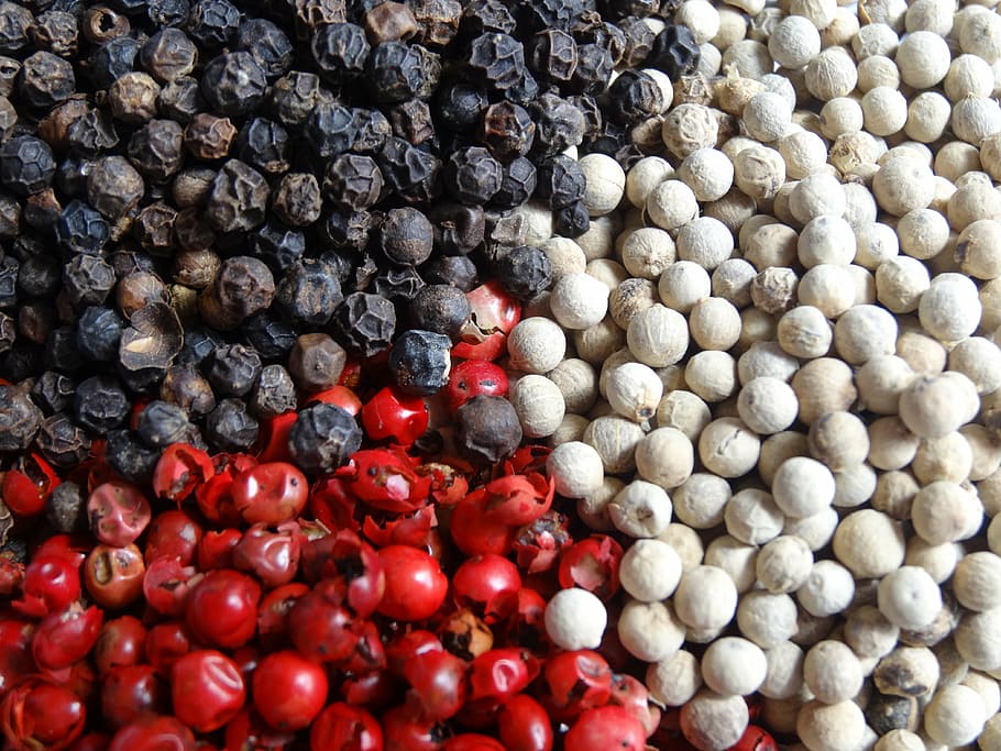 stack, red, white, black, seeds, pepper, spices, peppercorns, red black, food
