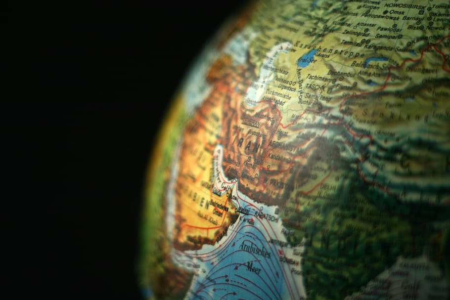 globo, irã, continentes, terra, mundo, globalização, mapa, close-up, fundo preto, tiro do estúdio