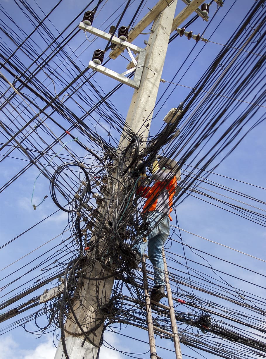 man, repairing, utility pole, electrical cable mess, energy, electricity, electric, mess, line, network