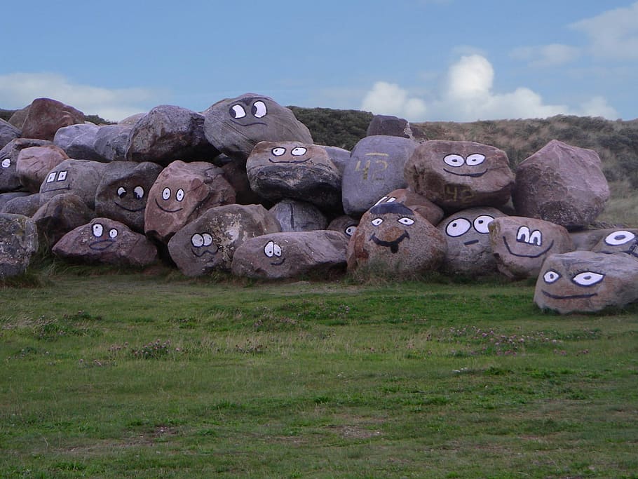 Stones, North Sea, Denmark, Witty, Laugh, grin, faces, funny, mole, grass