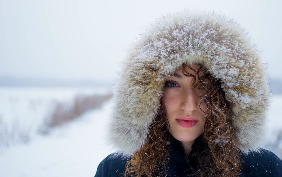 woman, wearing, blue, beige, parka hooded jacket, female, head, face, winter, snow