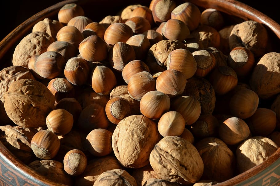 nuts, hazelnuts, walnuts, autumn, brown, tasty, food, tree fruit, nut mix, healthy