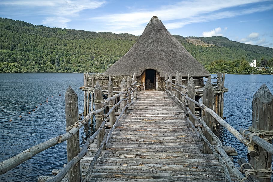 crannog, em torno da casa, construção de estacas, idade do ferro, lago tay, lago, escócia, planalto e ilhas, perthshire, agua