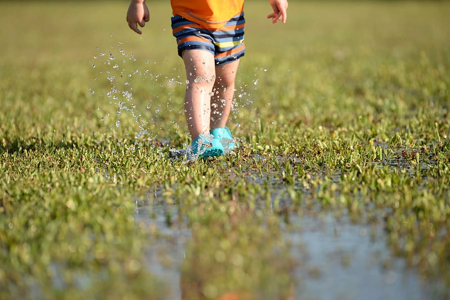 child, feet, splashing, mud, water, summer, water drops, fun, careless, low section