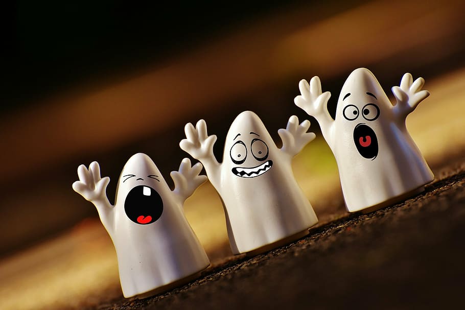 three, ghosts plastic toys, halloween, ghosts, happy halloween, ghost, autumn, october, mood, cute