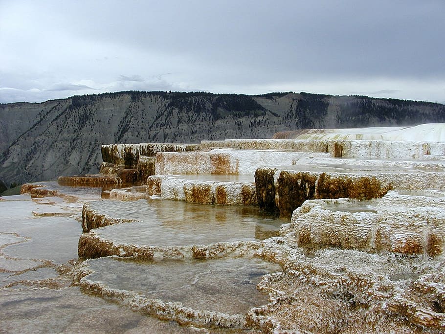 salt lake, day, mammoth hot spring, terrace, hot water, colorful, minerals, tourist attraction, yellowstone national park, wyoming