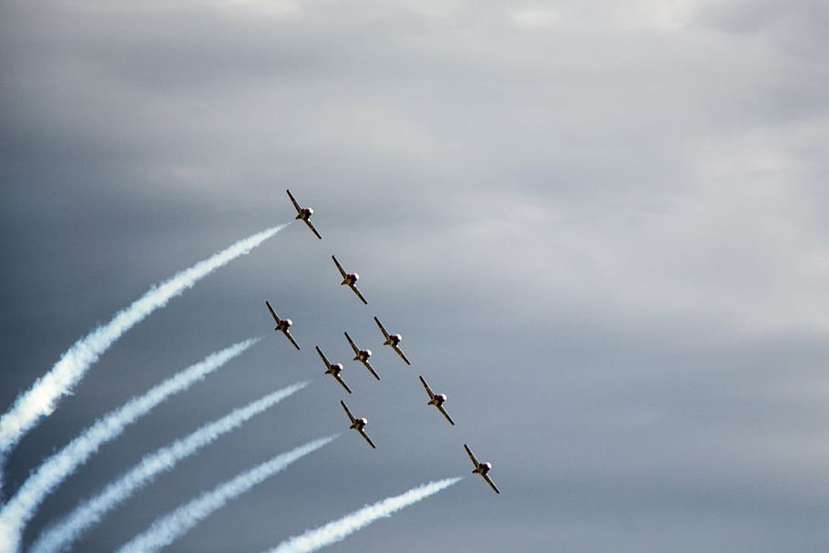 gray, jet planes, white, clouds, canadian, snowbirds, flying, formation, airshow, red