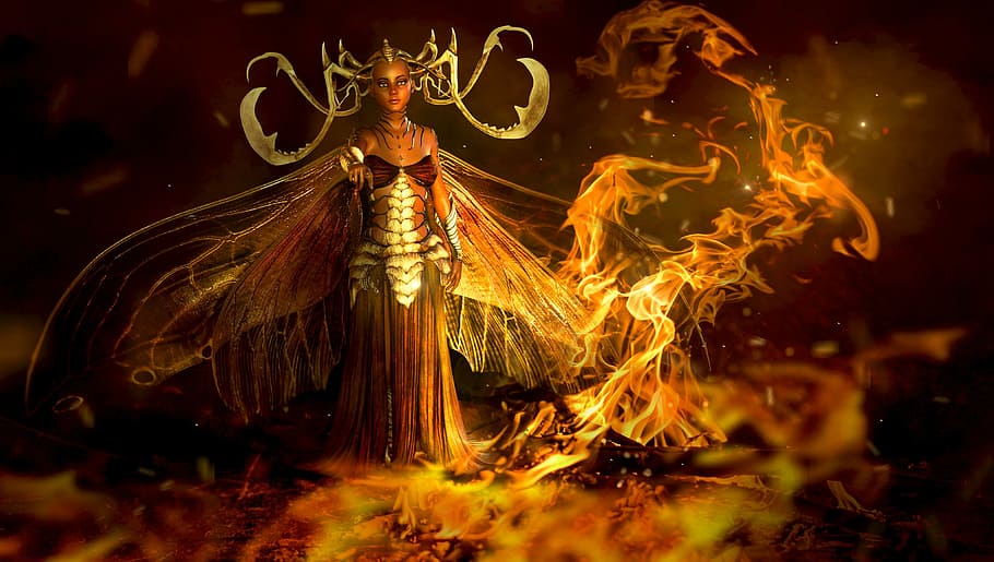 woman with wings, fantasy, fire, fee, elf, mystical, surreal, magic, mysticism, campfire
