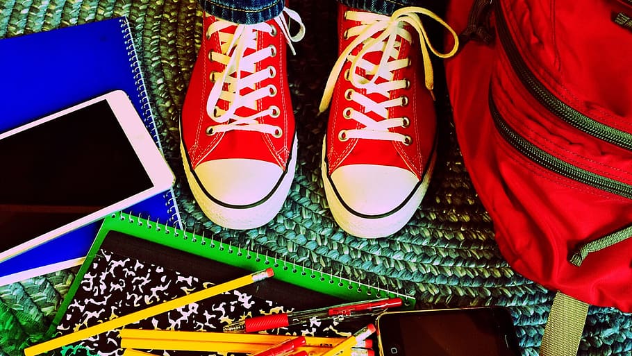 pair, red-and-white, low-tops;, books;, pencils;, smartphone;, bag, school, education, learning