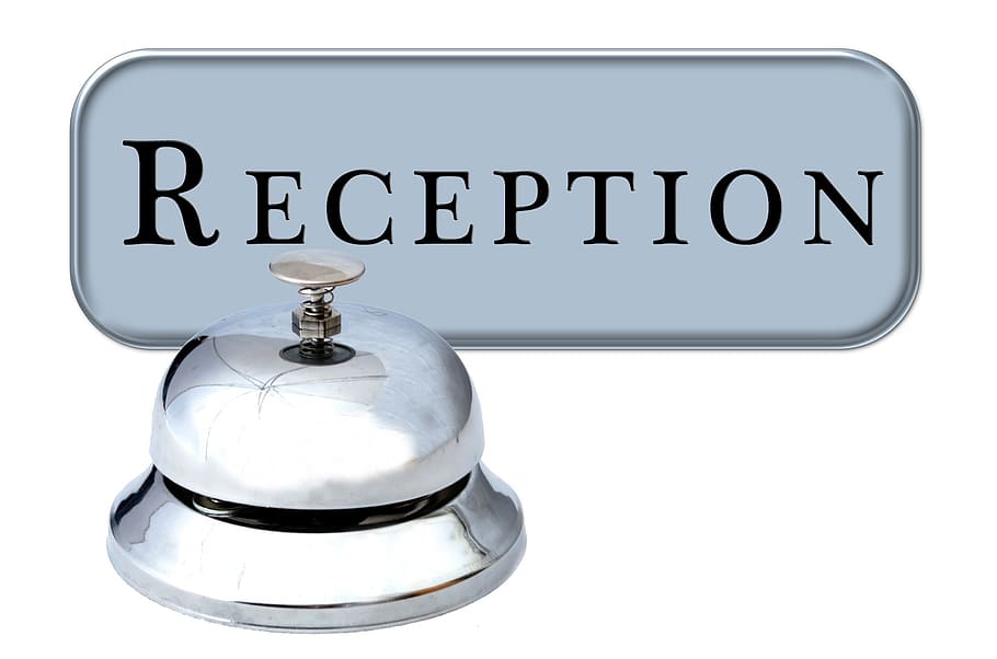 gray reception illustration, hotel, reception, check in, registration, bell, service, help, text, communication