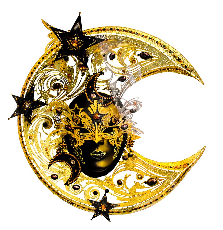 preto, decoração de meia lua dourada, veneza, máscara, isolado, carnaval, tradição, rosto, cocar, decoração