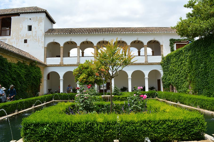 Generalife, Granada, Jardim, Alhabra, Andaluzia, Pátio, arquitetura, arco, exterior do edifício, casa