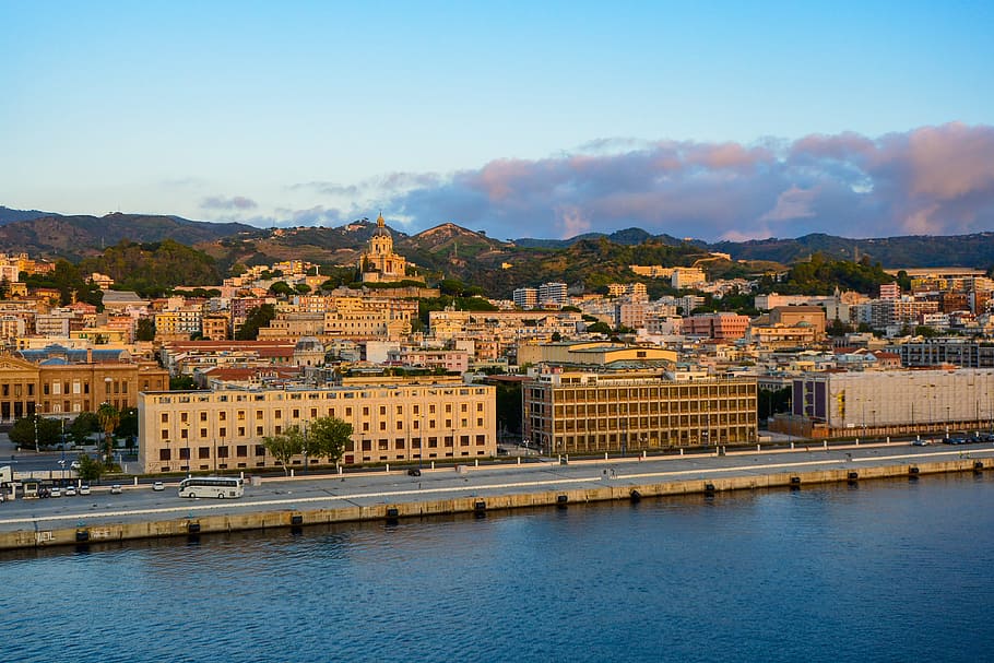 Sicily, Harbor, Morning, Sea, Italy, church, cathedral, waterfront, messina, italian
