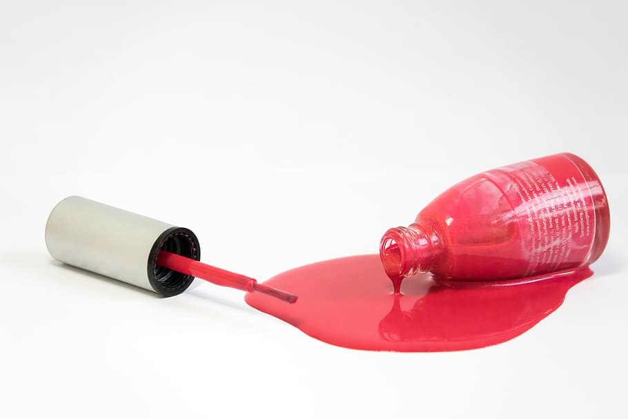 nail varnish, red, paint, fell down, screw cap, overturned, mess, color, brush, white background