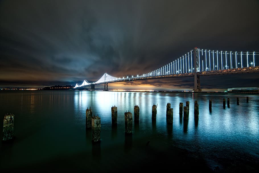jembatan teluk oakland, wallpaper malam, arsitektur, jembatan, lampu, malam, samudra, laut, jembatan gantung, air