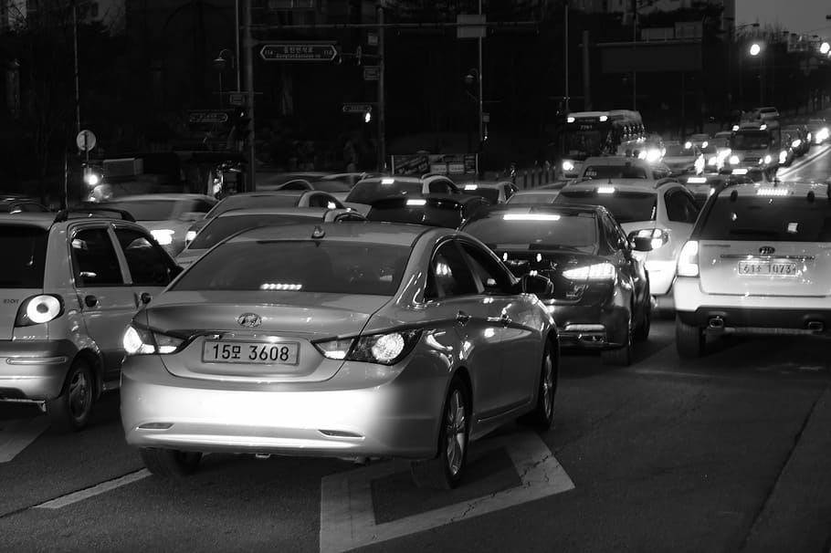 車, 輸送, 交通渋滞, ソナタ, 黒と白, 写真, 夜, 韓国, 通り, 吸う
