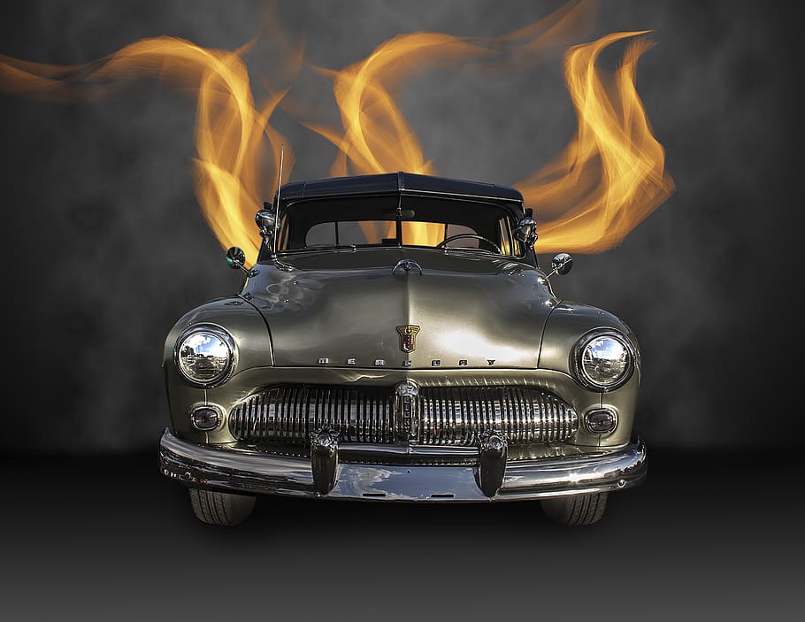 antique car, fifties, automobile, vehicle, mercury, flames, burning, smoke - physical structure, fire, retro styled