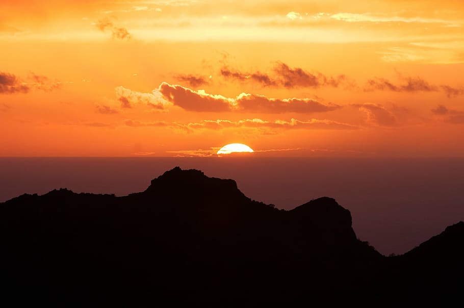 silhouette, mountain, sunset, canary islands, tenerife, clouds, sky, afterglow, selva marine, sun