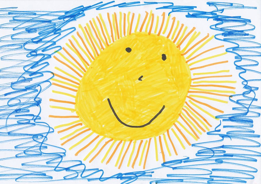 黄色の太陽の図, 太陽, 子供の描画, 画像, 描画, ペイント, 子供の絵, 幼稚園, フェルトペン, フェルトペンの描画