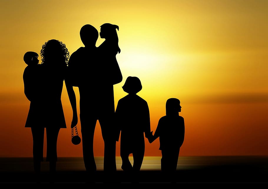 silhouette photo, family, sunrise, shadow, sunset, children, silhouette, standing, group of people, boys