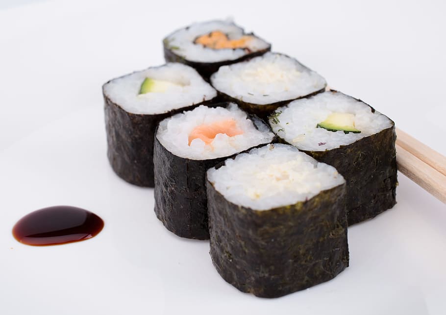 six sushi rolls, Sushi, Raw, Fish, Delicious, raw fish, asia, roll, eat, food
