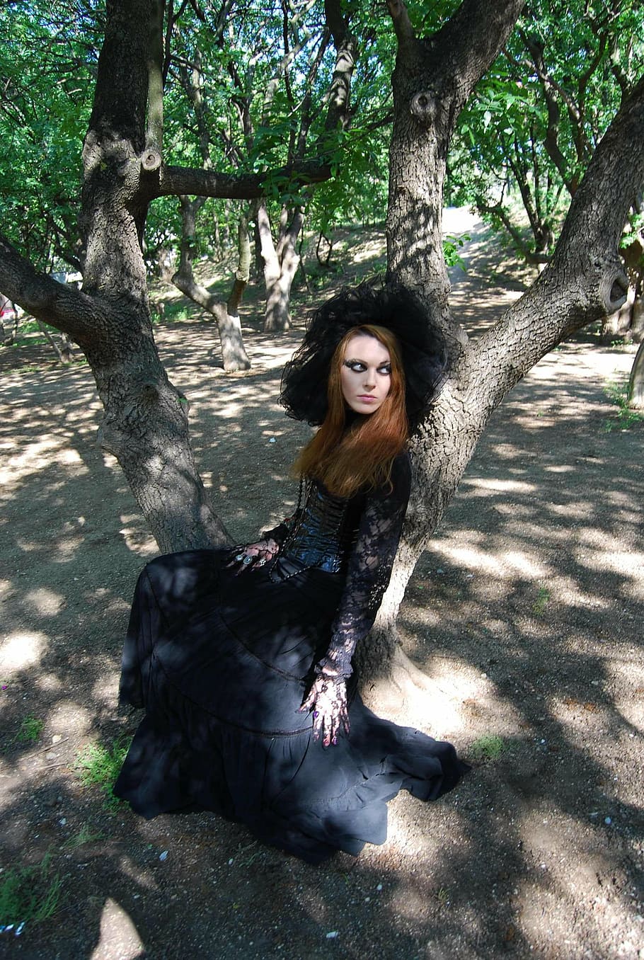 woman, wearing, black, floral, long-sleeved, gown, sitting, tree, witch, forest