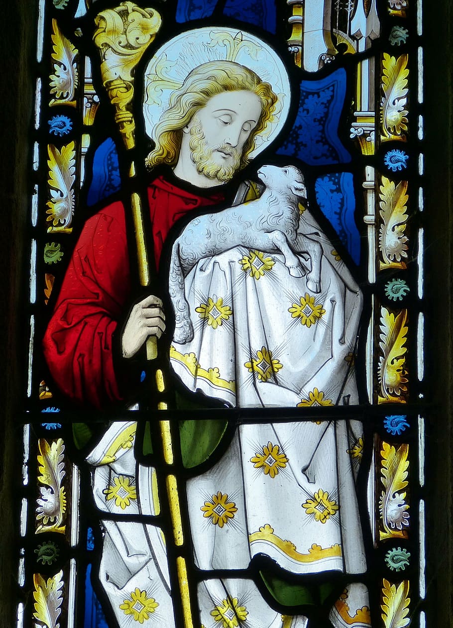 jesus christ, carrying, lamb, stained, glass window, church window, stained glass, england, united kingdom, church