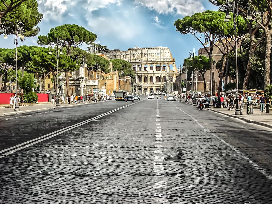gray, concrete, road, concrete road, Colosseum, rome, italy, landmark, ancient, street
