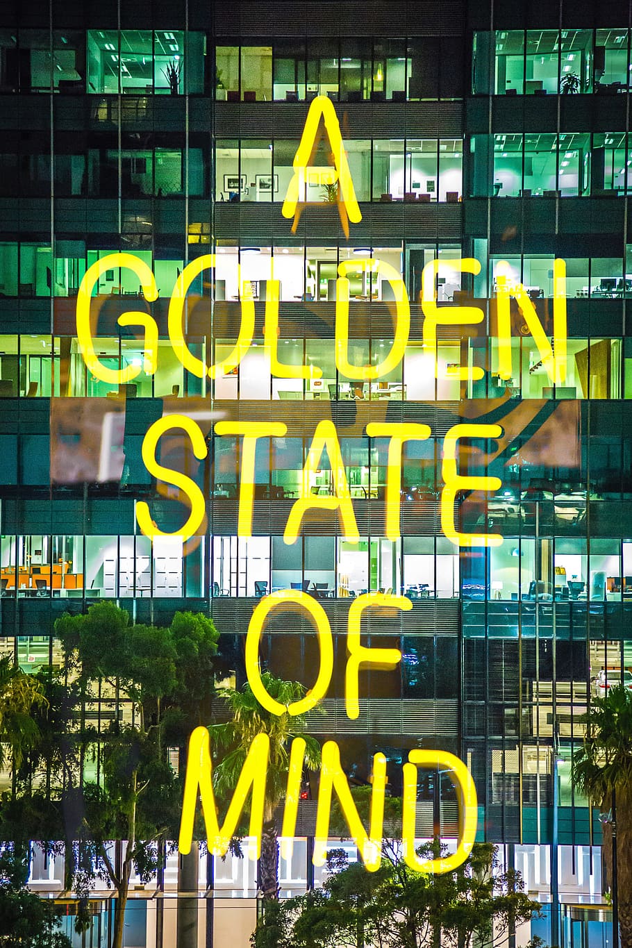 dourado, estado, sinal de néon mental, Golden State of Mind, sinal de néon, néon, sinal, tipografia, noite, luz de neon