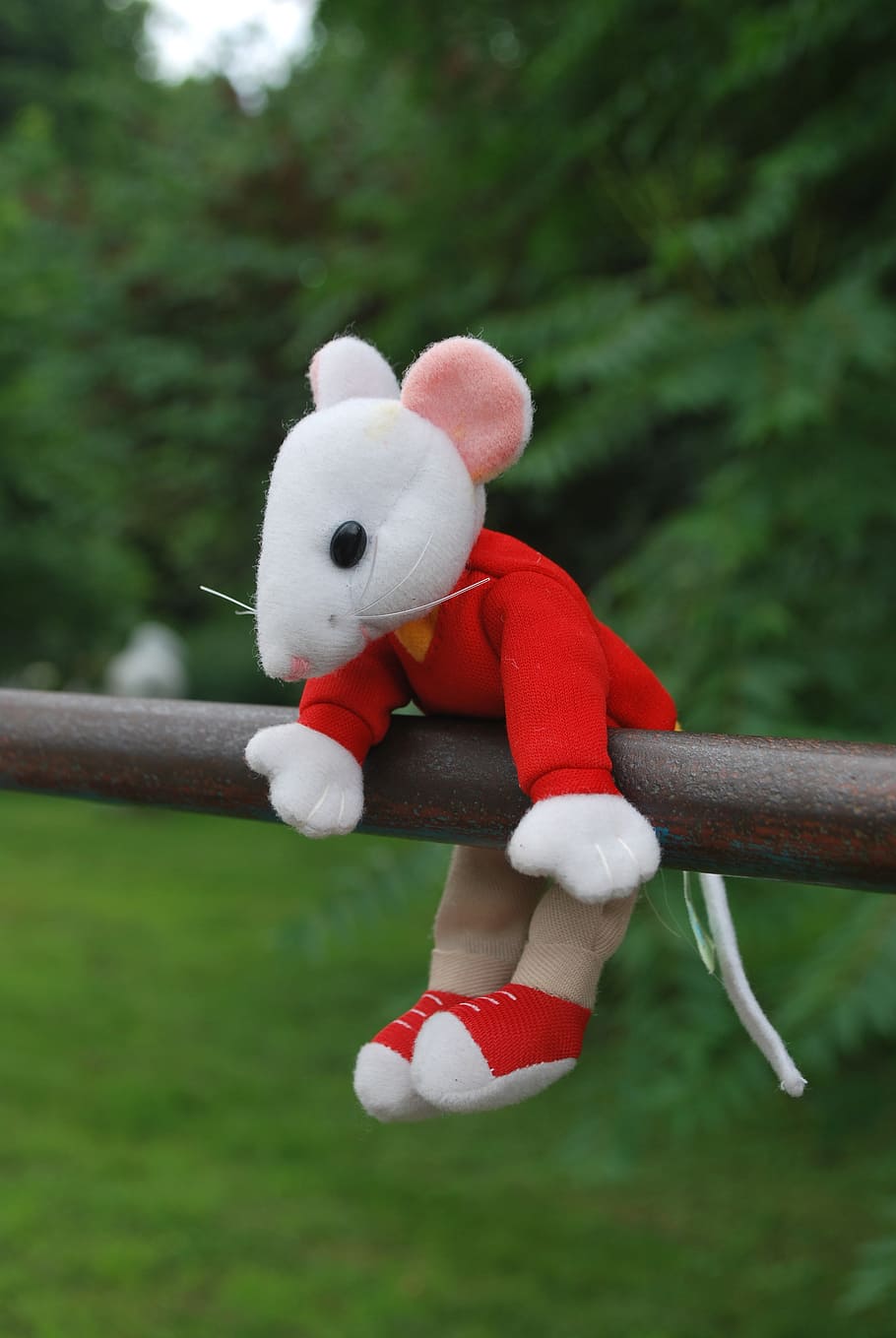 mouse, toy, hanging, outside, nature, stuart, little, representation, stuffed toy, red