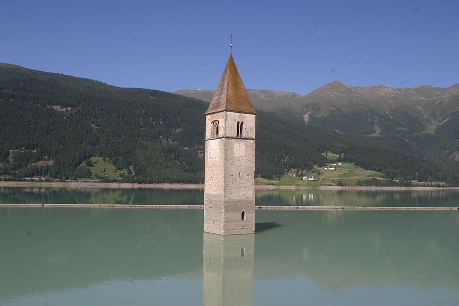 South Tyrol, Italy, Val Venosta, sunken church, lake, mountains, steeple, nature, church, water