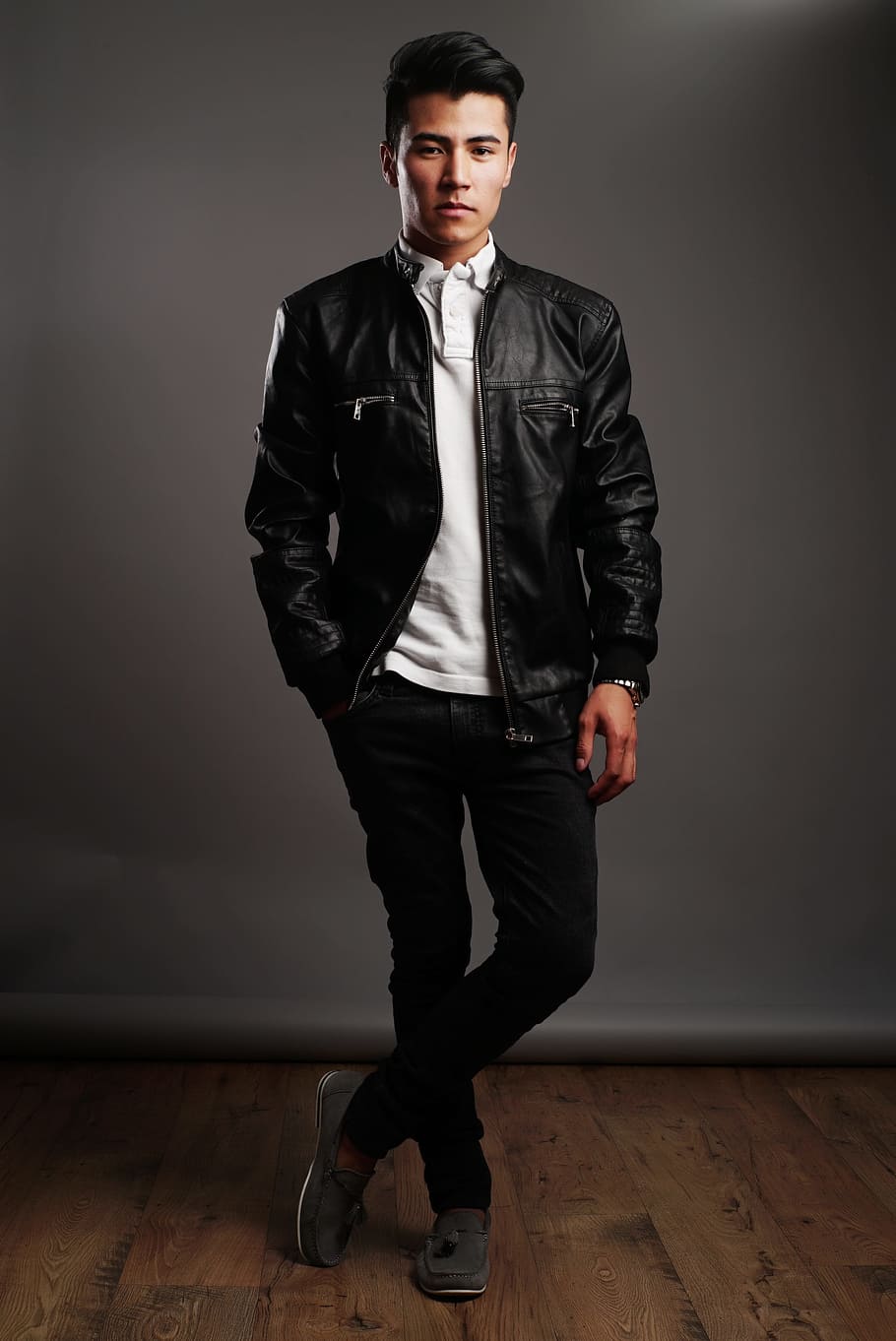 man, black, leather jacket, white, shirt, pants, straight looking,  photoshoot, model, businessman | Pxfuel