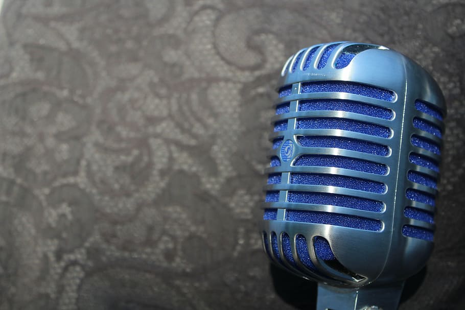 blue condenser microphone, mic, microphone, equipment, vocal, retro, karaoke, professional, sound, speech