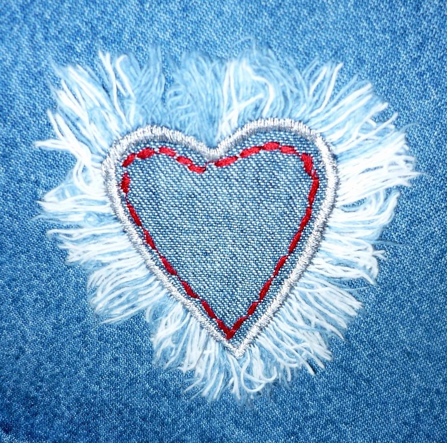 blue, denim heart patch, jeans, fabric, heart, love, design, textile, material, clothing