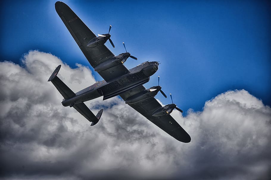 lancaster bomber, airforce, world war 2, flying, air vehicle, military, sky, transportation, cloud - sky, airplane