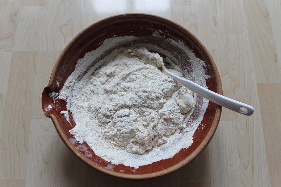 brown, powder, bowl, spatula, dough, mixing, spoon, bread, rising, baking