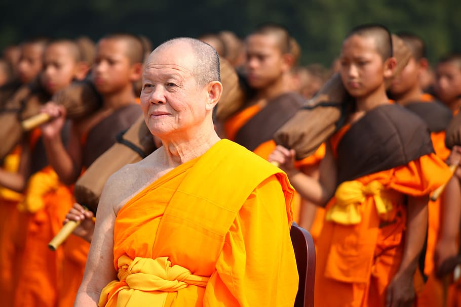 Monges, budistas, budismo, andar, laranja, vestes, tailandês, wat, phra dhammakaya, templo