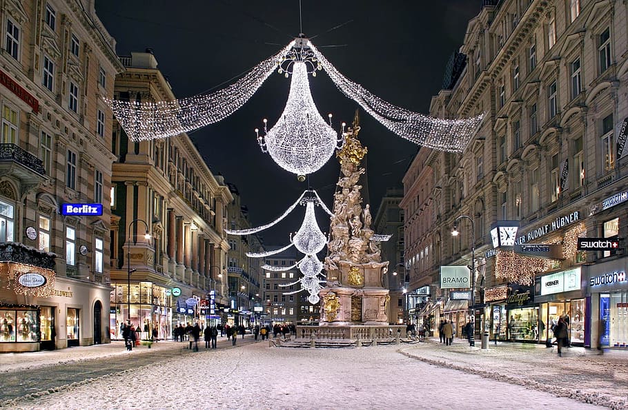 string light, road, vienna, advent, christmas, plague column, lighting, dig, places of interest, downtown