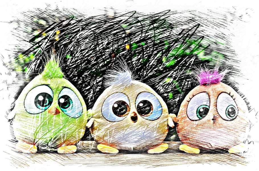 three, assorted-color hatchling bird, animated, illustration, bird, birdie, drawing, colorful, cute, sweet