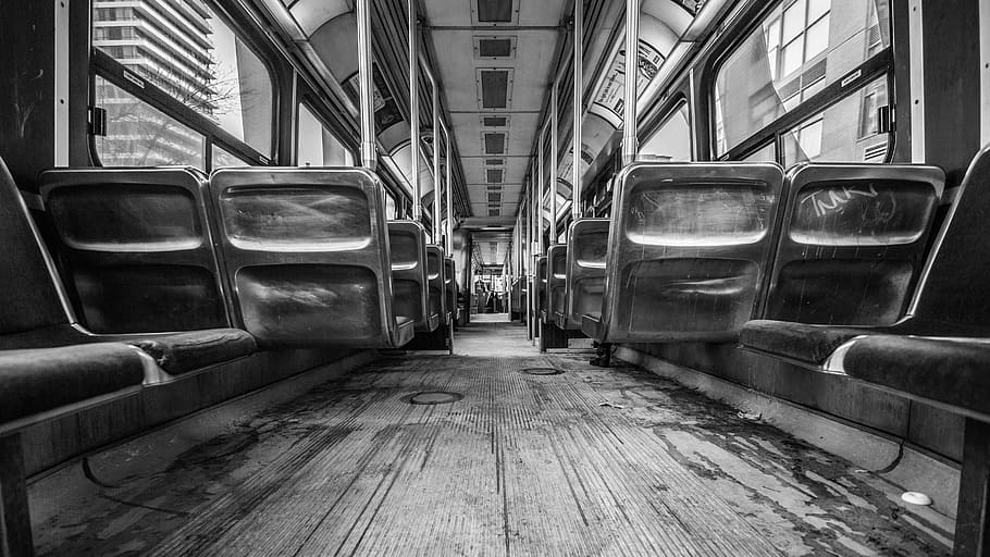 grayscale photo, seats, inside, train, bus, tram, transport, city, town, seating