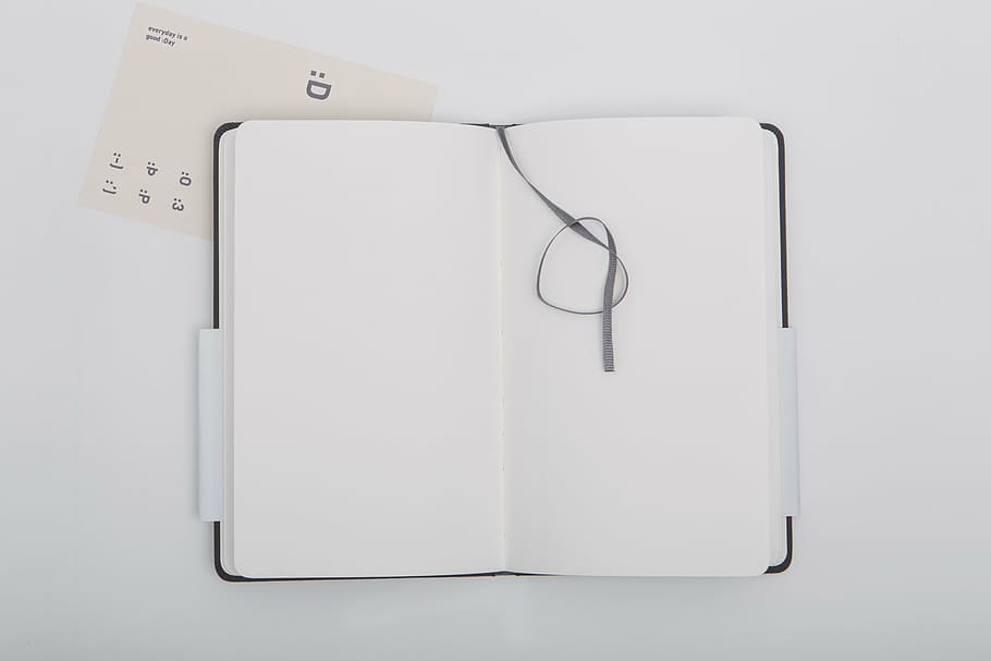 white book, book, notebook, diary, table, work, office, bookmark, pages, sheet