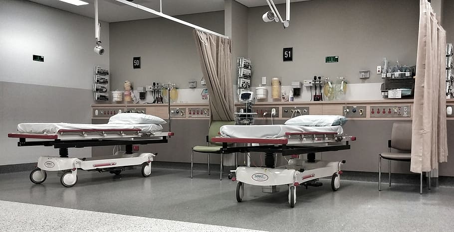 two, white, hospital beds, inside, medical, room, hospital, a e, emergency, hospital ward