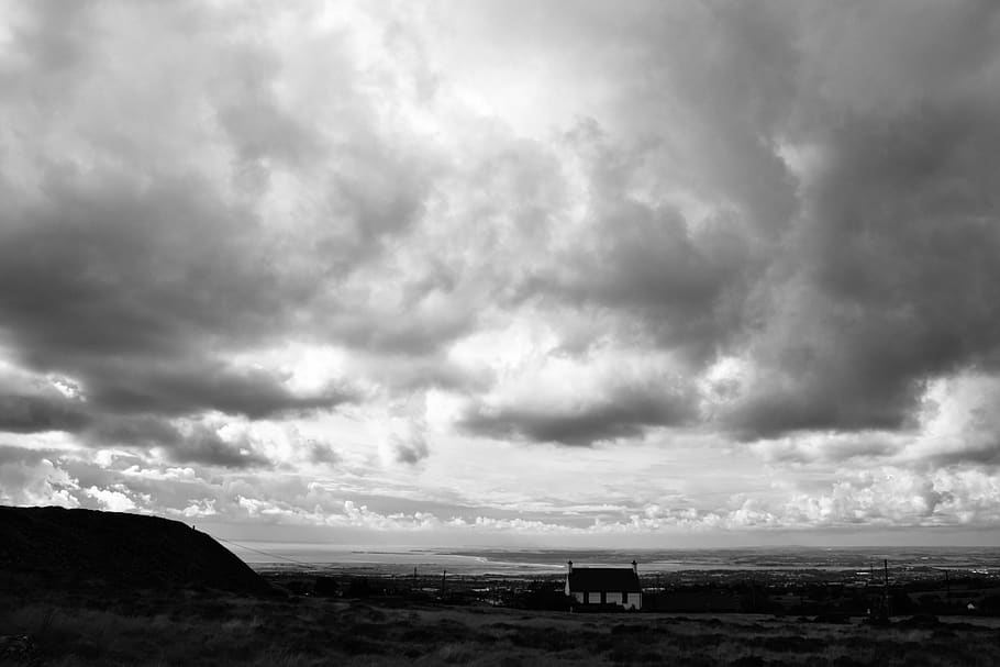 black white, moody sky, clouds, landscape, north wales, cloud - sky, sky, environment, beauty in nature, nature