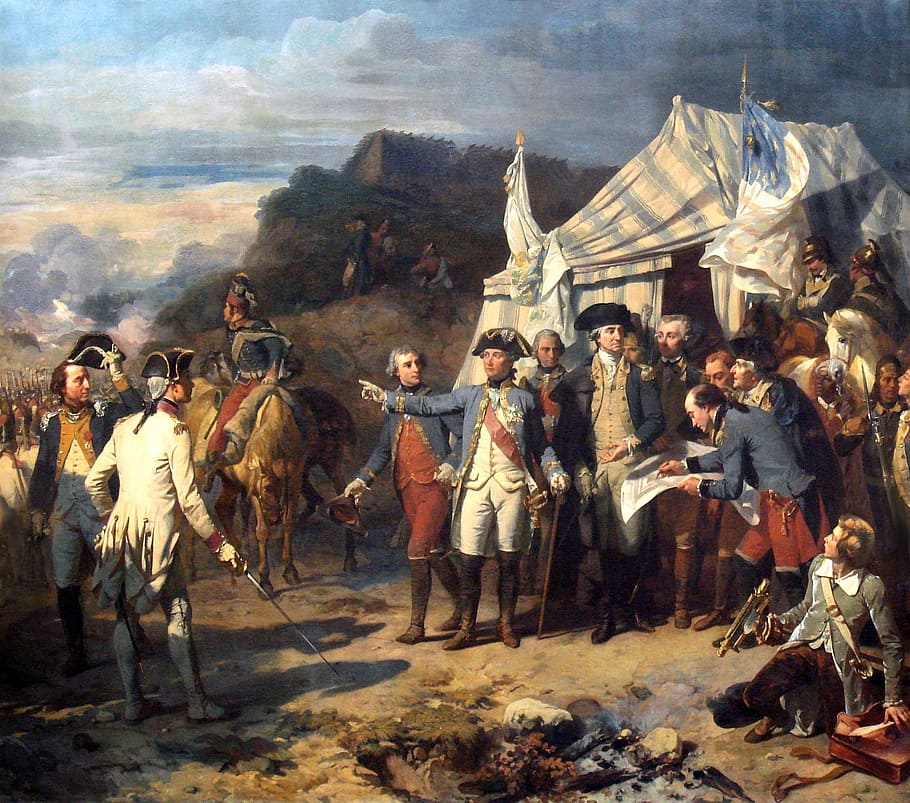 giving, orders, battle, yorktown, Washington, Rochambeau, battle of Yorktown, American Revolution, camp, generals