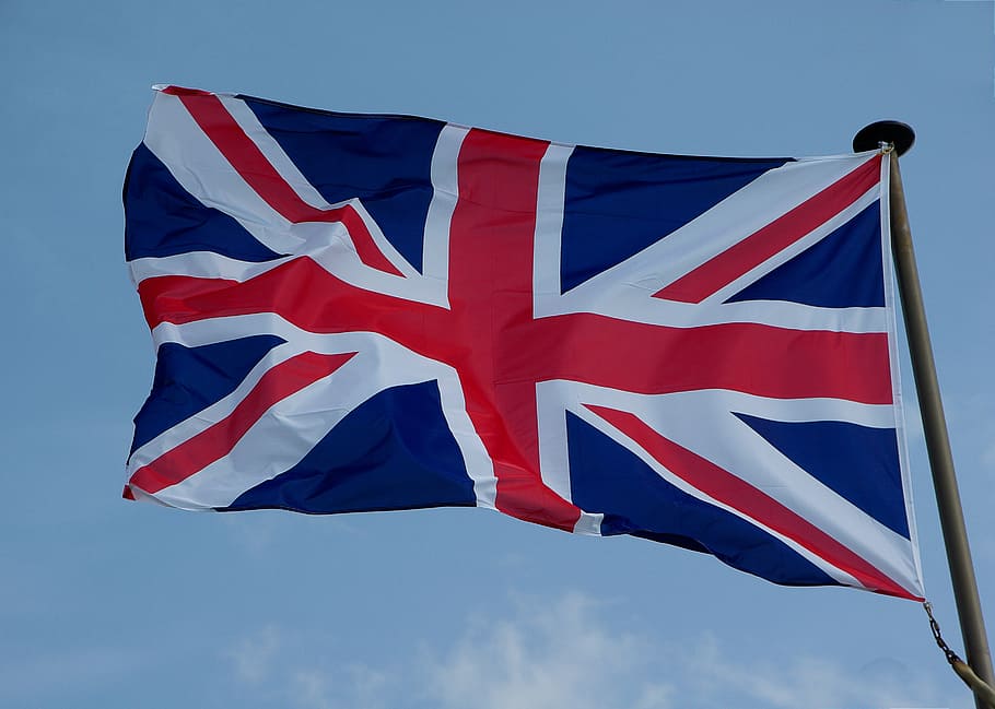旗, ユニオンジャック, イギリス, パビリオン, フラグ, 愛国心, 空, 赤, 風, 低角度のビュー